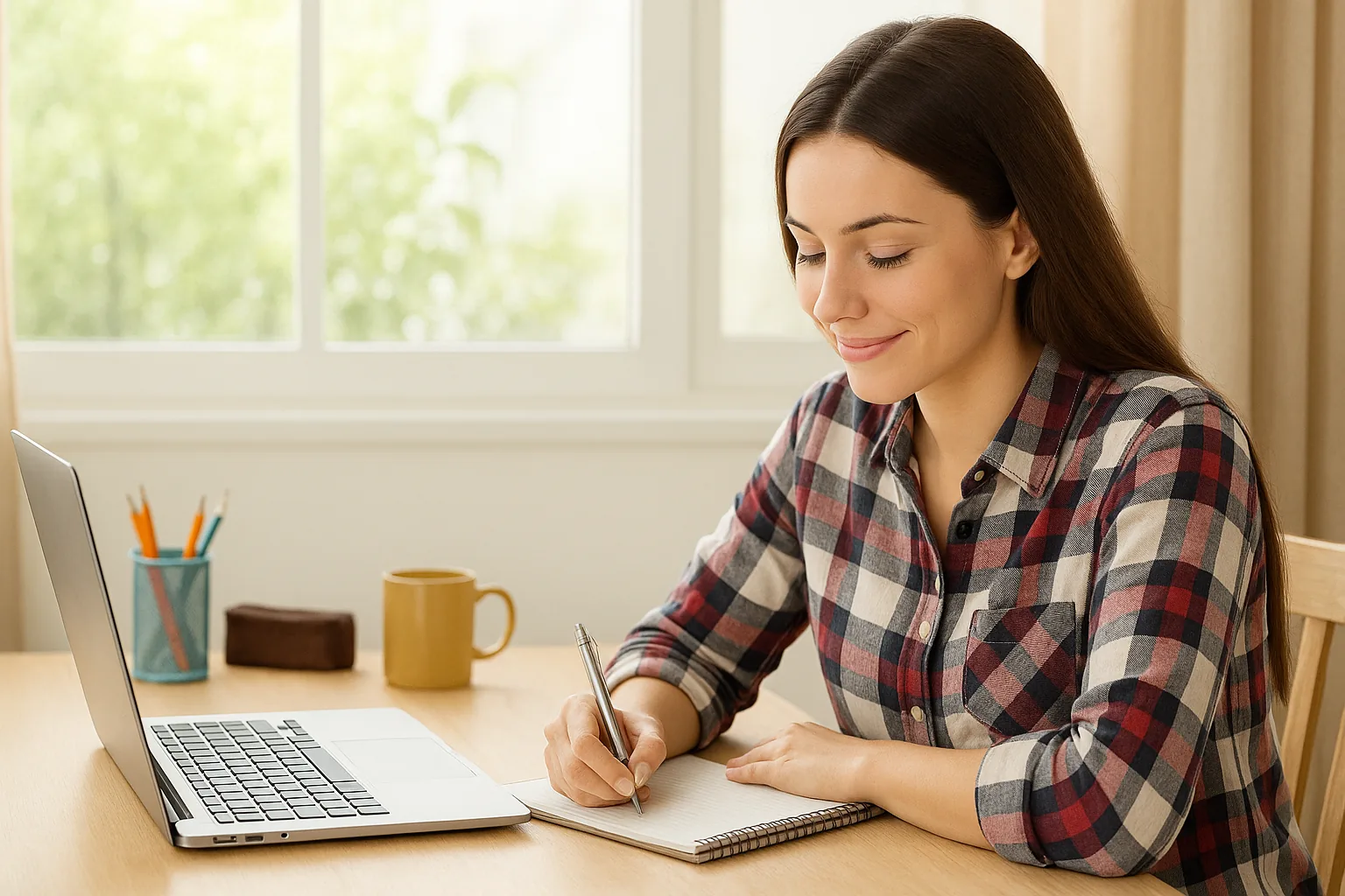 Cursantă care studiază o limbă străină la laptop